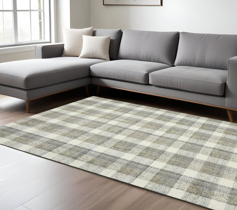 9' X 13' Wool Plaid Hand Tufted Area Rug - Gray And Ivory