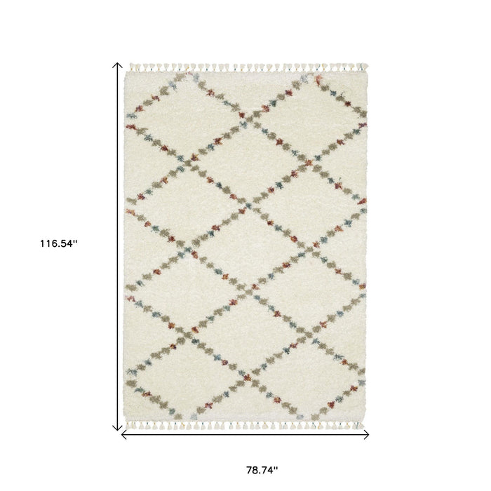 7' X 10' Diamond Shag Area Rug With Fringe - Ivory