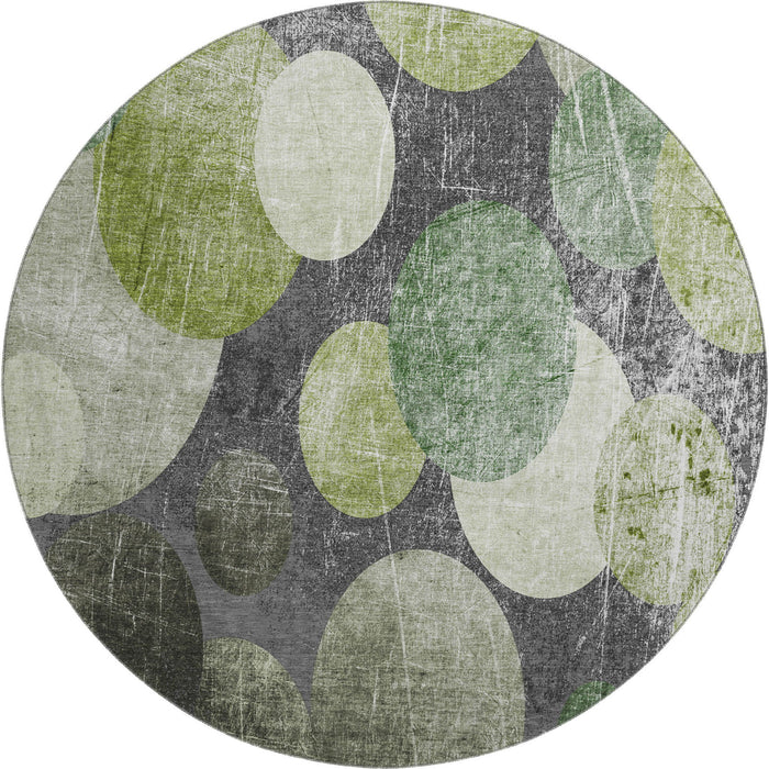 8' Abstract Washable Round Rug With UV Protection (648907) - Green / Ivory / Gray