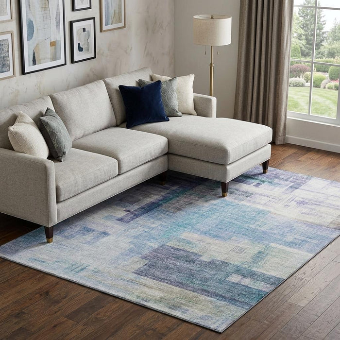 10' X 14' Abstract Geometric Washable Area Rug With UV Protection (683482) - Blue / Ivory