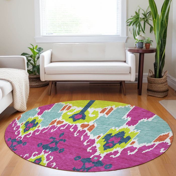 8' Ikat Washable Round Rug With UV Protection - Pink