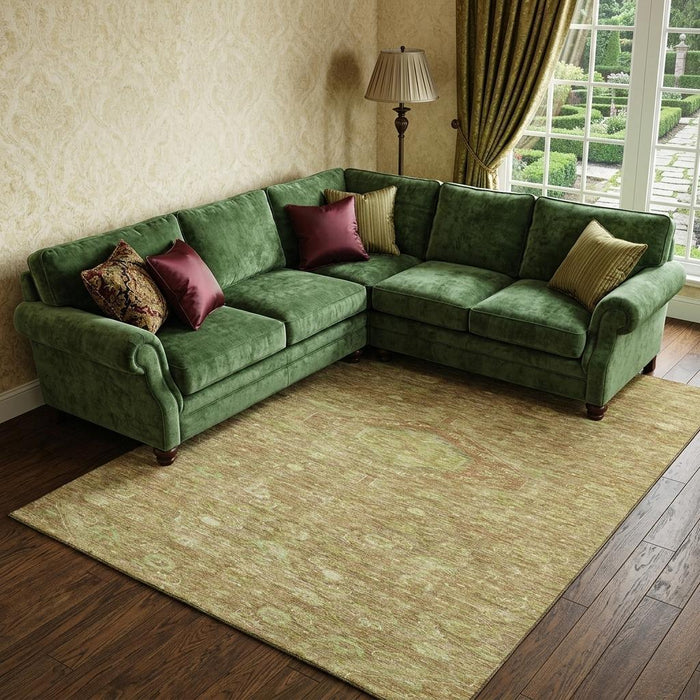 10' X 14' Floral Washable Area Rug With UV Protection (691812) - Terra Cotta / Artichoke Green