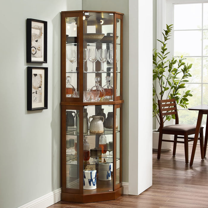 Giga 6-shelf corner curio display cabinet with built-in lights, mirrors, and adjustable shelves for showcasing collectibles.