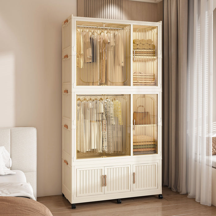 Cream white Giga portable wardrobe closet with 9 magnetic doors, 9 storage cubes, 2 hanging rods, and 6 hangers inside.