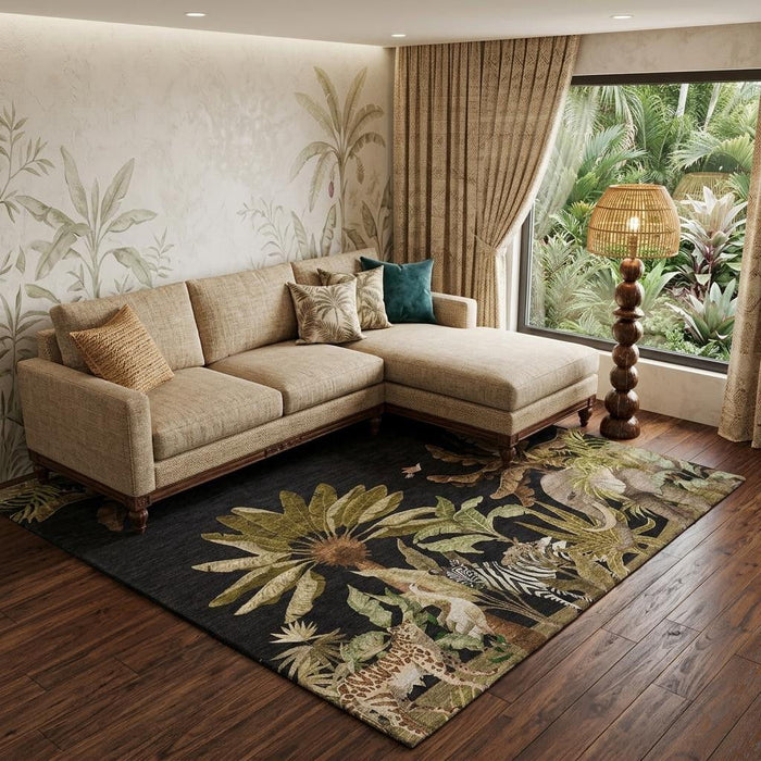 8' X 10' Tropical Botanical Distressed Washable Area Rug With UV Protection (646353) - Midnight / Brown / Olive Green