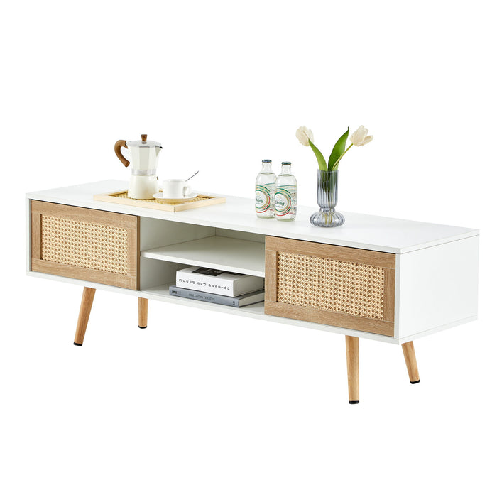 Giga 55.12-inch rattan TV cabinet with double sliding doors, adjustable shelf, solid wood legs, perfect for living room storage.