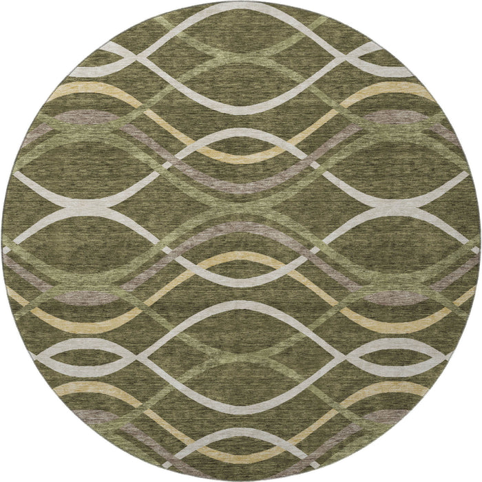 8' Abstract Washable Round Rug With UV Protection - Olive Green And Gold