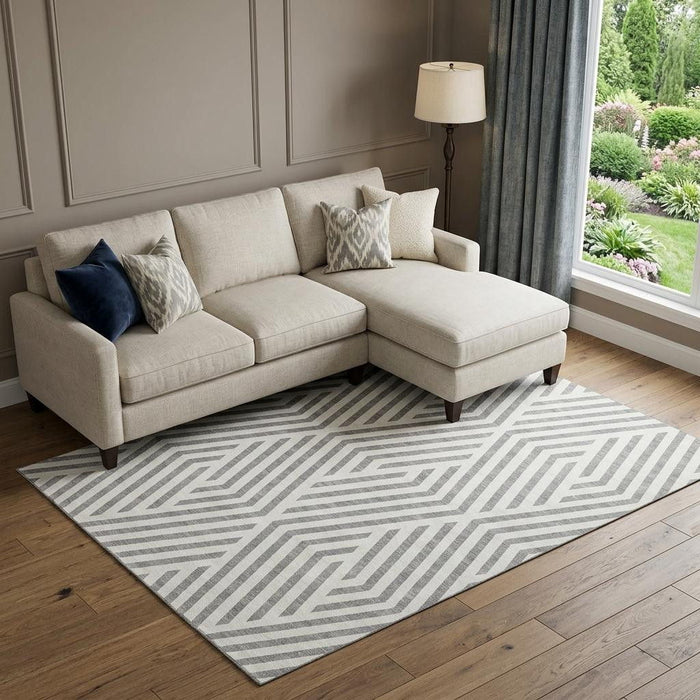 9' X 12' Geometric Washable Area Rug With UV Protection (648543) - Gray / Ivory