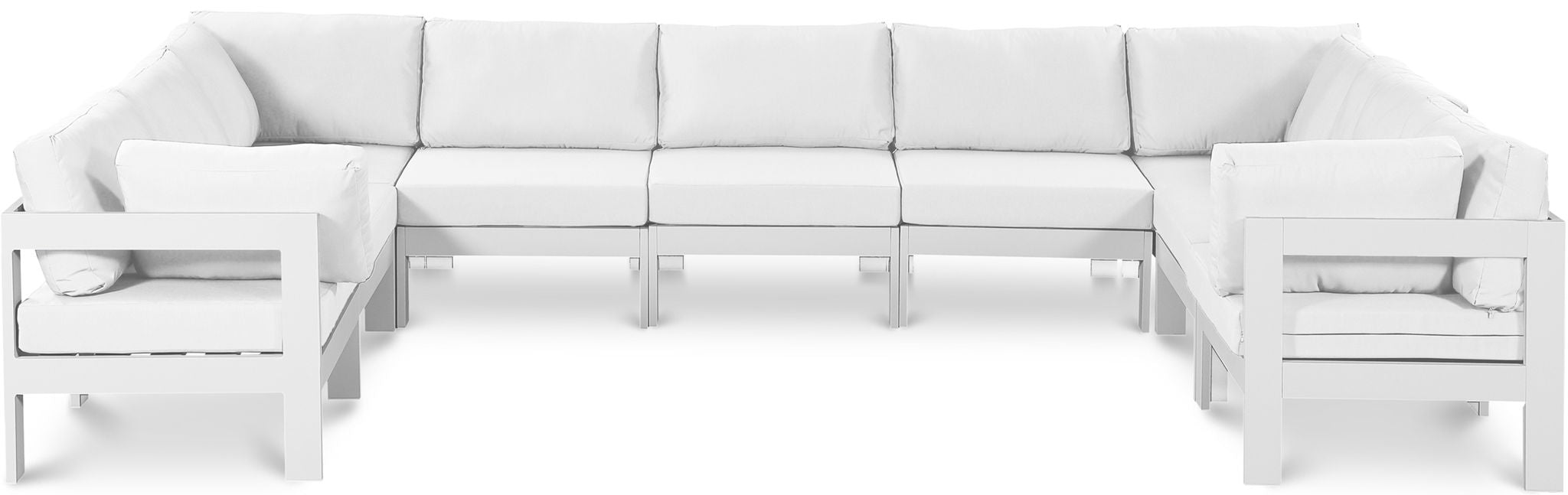 Outdoor patio Nizuc 9-piece modular sectional by Meridian Furniture with white metal frame and plush cushions.