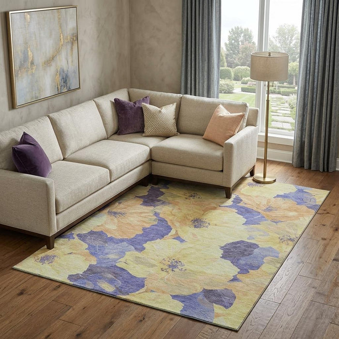 10' X 14' Floral Washable Area Rug With UV Protection (694352) - Wheat / Lavender