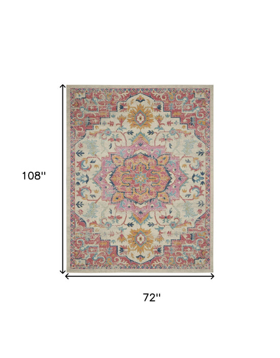 6' X 9' Floral Medallion Area Rug (550204) - Ivory / Pink / Red