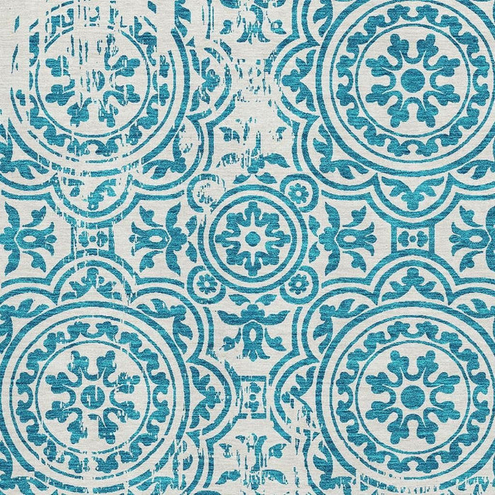 8' X 10' Medallion Washable Area Rug With UV Protection - Teal / Ivory