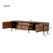 Giga walnut fluted TV stand with storage drawers and cabinets for 80-inch TVs, soft-close hinges, and cable management system.
