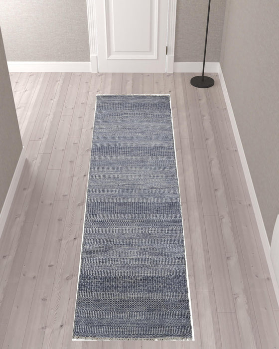 10' Wool Striped Hand Knotted Runner Rug - Blue And Gray