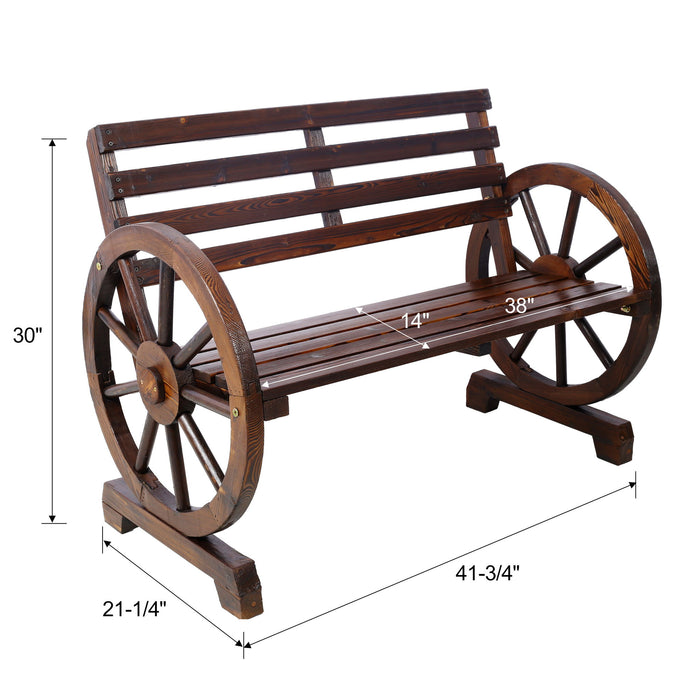 Rustic Giga country wooden wagon wheel bench for two with slatted seat and backrest, brown finish, perfect for outdoor or rustic decor.