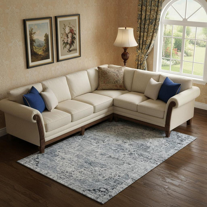 10' X 14' Floral Medallion Washable Area Rug With UV Protection (705095) - Sky Blue / Ivory