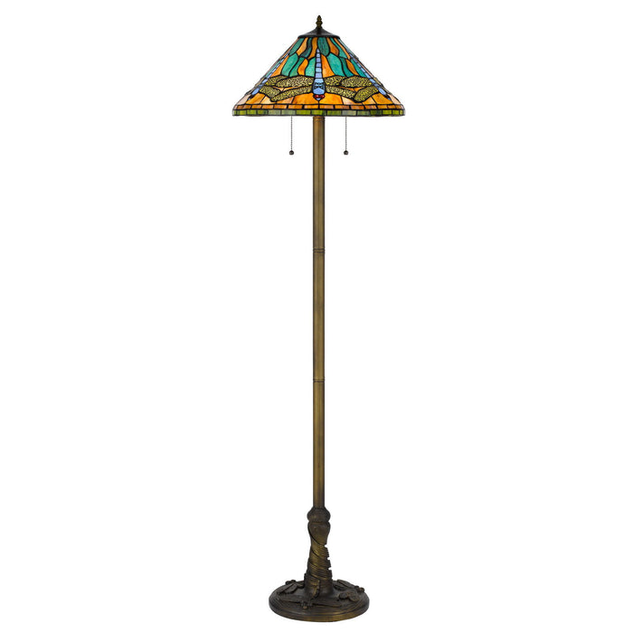Two Light Traditional Shaped Floor Lamp With Blue And Orange Dragonfly Tiffany Glass Empire Shade - Brass