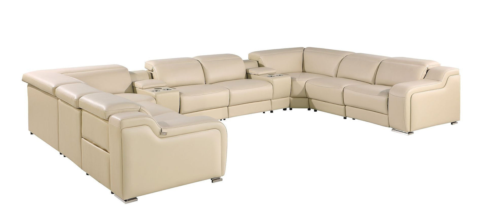 Italian Leather Power Reclining U-Shaped Ten Piece Corner Sectional With Console - Beige