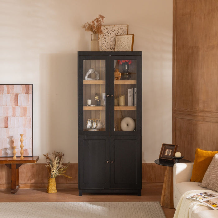 Black Giga Mid Century Modern Tall Display Cabinet with glass doors, showcasing collectibles inside, accent cabinet for living space.