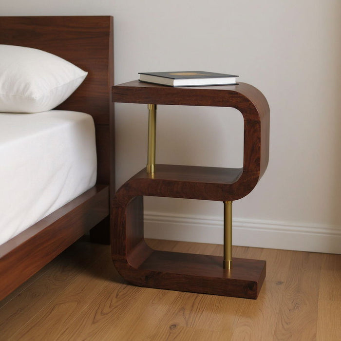 24" Solid Wood Curved Nightstand - Chestnut And Gold
