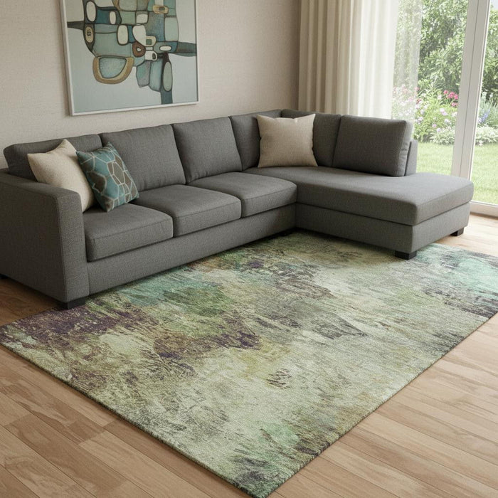 10' X 14' Abstract Washable Area Rug With UV Protection (650632) - Beige / Teal / Olive Green