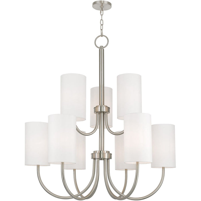 49-inch Nine Light Metal Dimmable Chandelier with shades in nickel finish and off-white fabric, designed for elegant lighting.