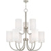 49-inch Nine Light Metal Dimmable Chandelier with shades in nickel finish and off-white fabric, designed for elegant lighting.