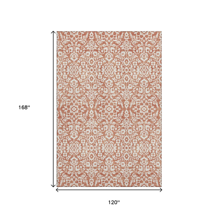 10' X 14' Damask Washable Area Rug With UV Protection (673109) - Coral / Beige