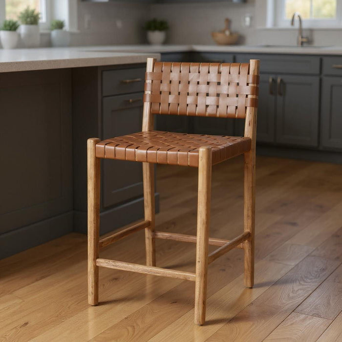 Brown leather and wood low back counter height bar chair with a sleek design, suitable for kitchen or bar areas.
