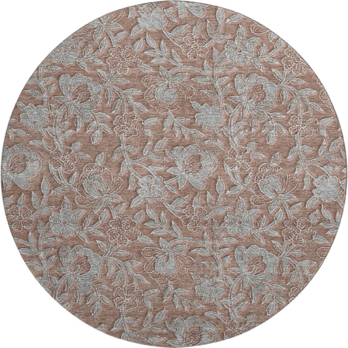 8' Floral Washable Round Rug With UV Protection - Terra Cotta And Gray