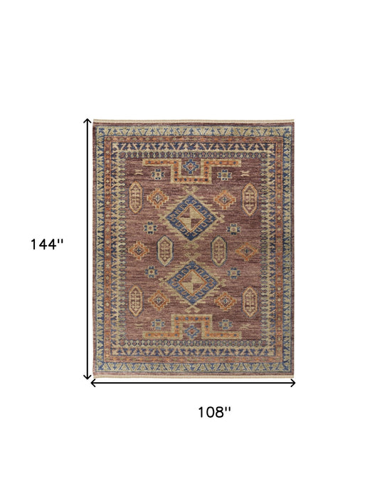 9' x 12' Wool Geometric Hand Knotted Area Rug With Fringe - Blue Red And Tan