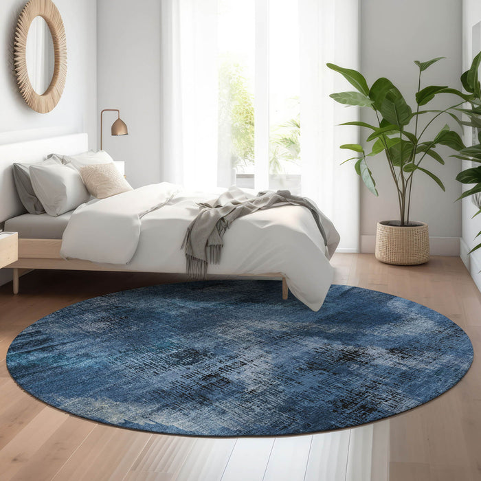 8' Abstract Washable Round Rug With UV Protection - Blue And Charcoal