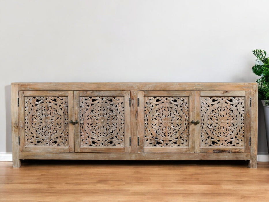 HomeRoots 86-inch carved floral distressed solid wood TV stand with enclosed storage and natural finish, perfect for living room furniture.
