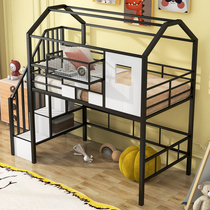 Giga metal loft bed with roof design, guardrails, built-in storage box, and integrated ladder for kids' bedroom.
