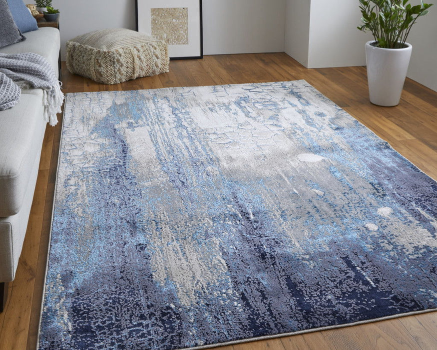 7' x 10' Abstract Power Loom Distressed Area Rug - Ivory Blue And Black