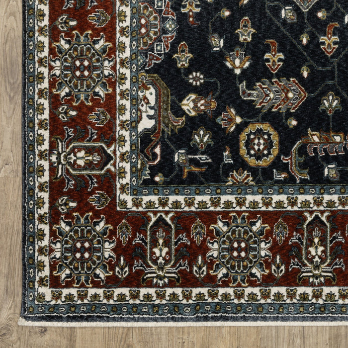 10' X 13' Oriental Area Rug With Fringe - Navy Blue And Rust