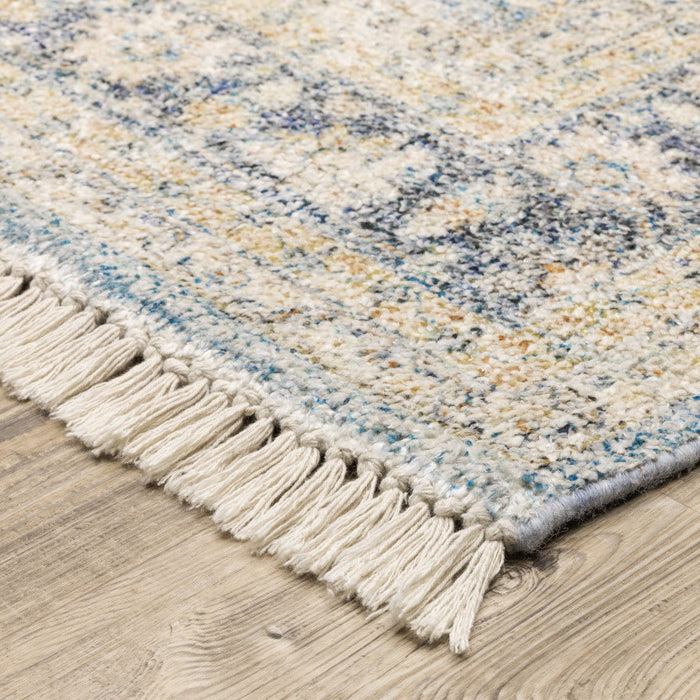 8' x 10' Oriental Hand Loomed Stain Resistant Area Rug With Fringe - Blue And Beige
