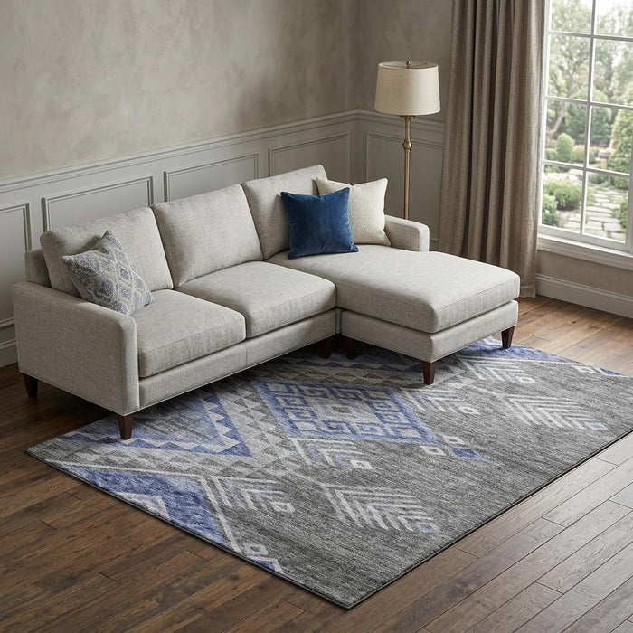 10' X 14' Geometric Washable Area Rug With UV Protection (684118) - Pewter / Blue / Gray