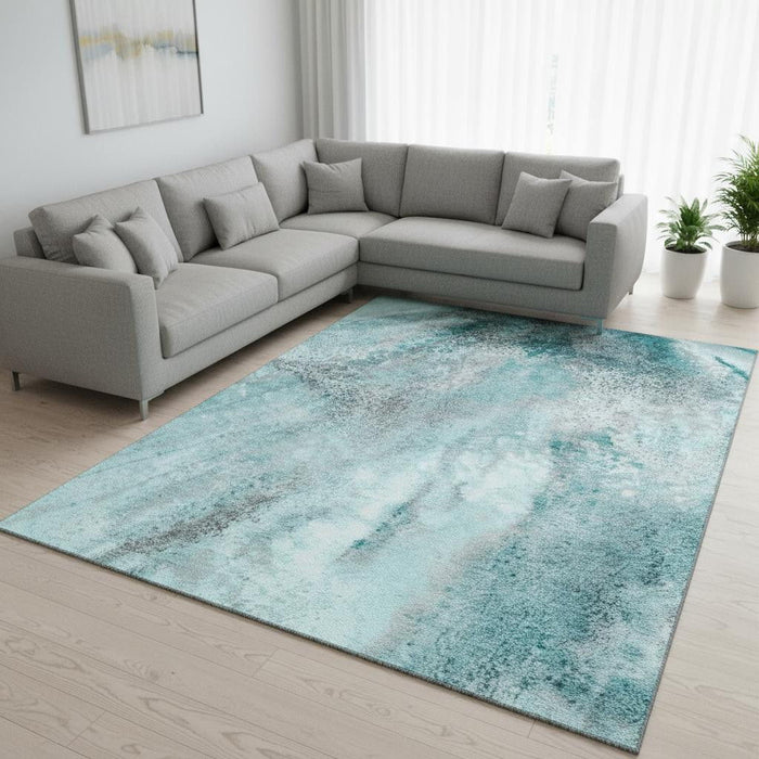10' X 14' Abstract Washable Area Rug With UV Protection (646810) - Teal / Ivory