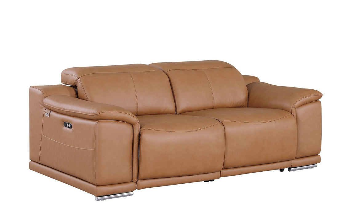 Italian Leather Power Reclining Loveseat - Chestnut / Silver