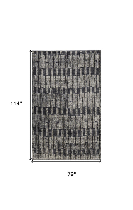 7' X 10' Geometric Power Loom Worn Faded Area Rug - Gray And Black
