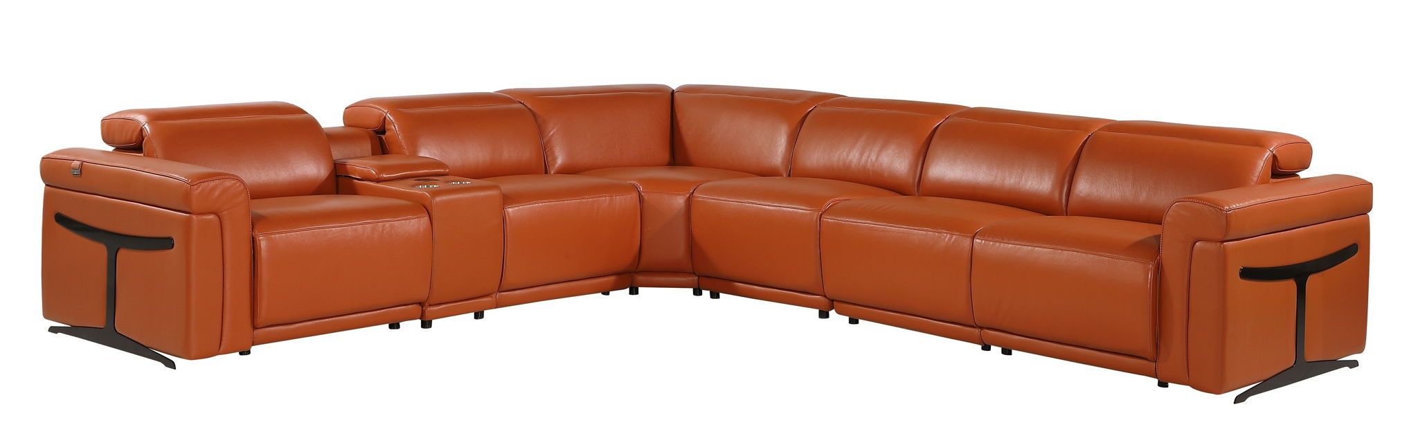 Italian Leather Modular L-Shaped Seven Piece Corner Sectional With Console - Camel