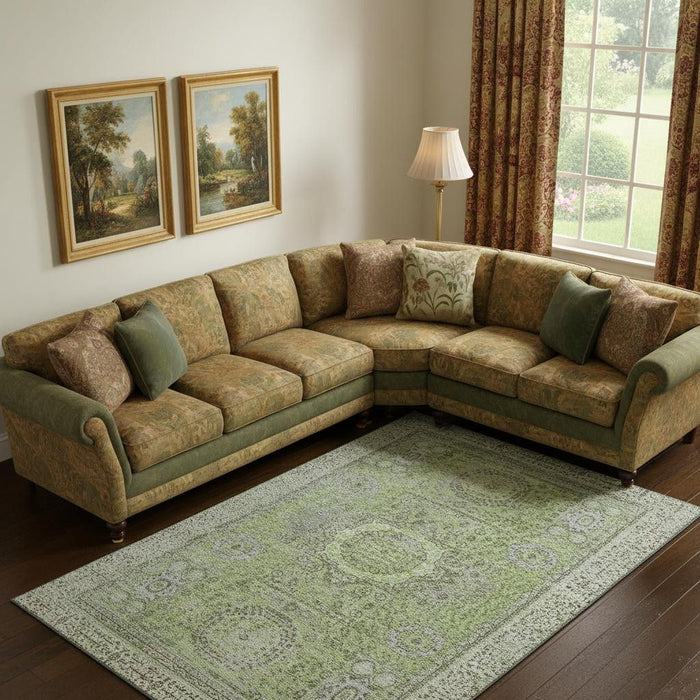 10' X 14' Oriental Washable Area Rug With UV Protection (699746) - Artichoke Green / Gray