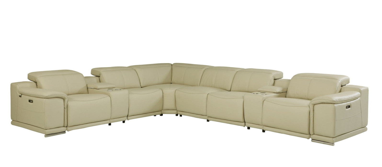 Italian Leather Power Reclining Eight Piece Corner Sectional With Console - Beige