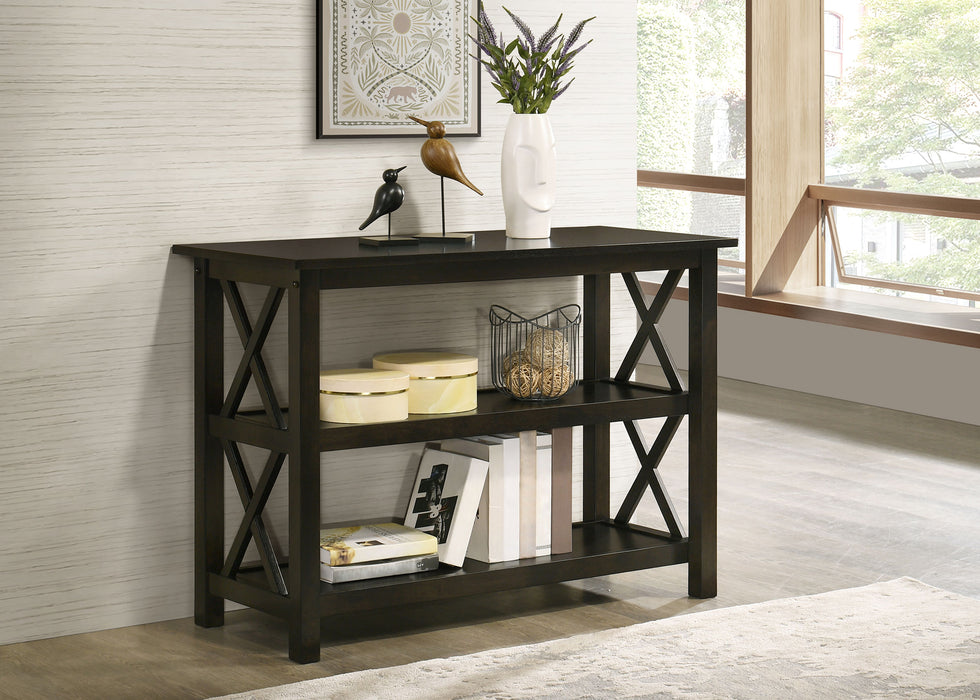 CoasterEssence Rachelle dark merlot wood entryway console table with two shelves