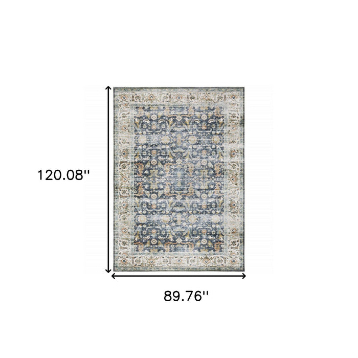 7' x 10' Oriental Printed Stain Resistant Non Skid Area Rug - Blue Gold Rust Ivory And Olive