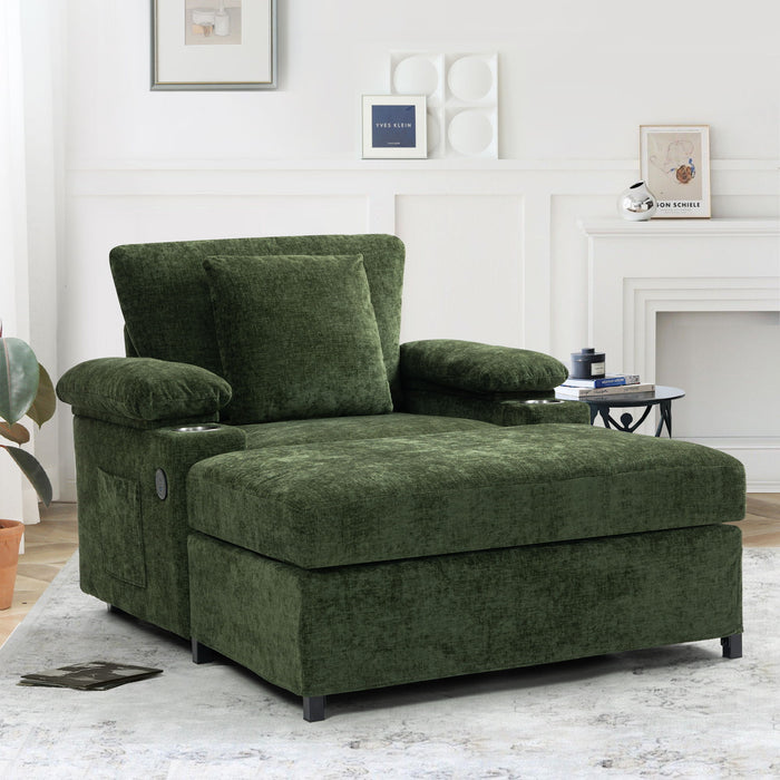 Giga fabric sofa bed with cupholders and USB ports, featuring a stationary chair and ottoman for living room comfort.