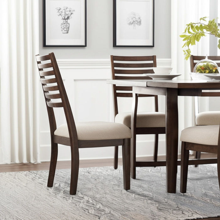 Upholstered Linen Slat Back Dining Side Chairs (Set of 2) - Ivory / Dark Brown
