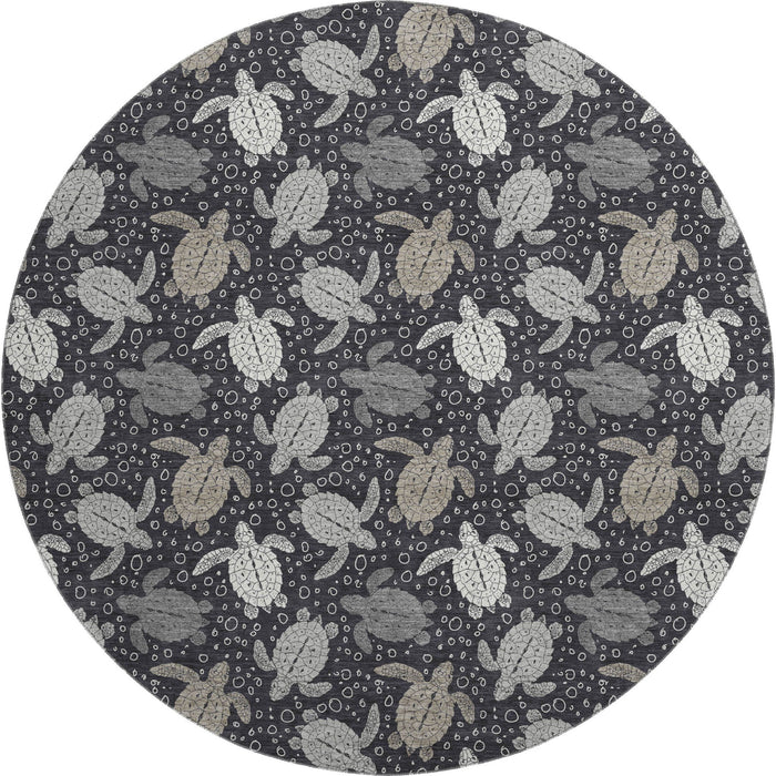 8' Geometric Washable Round Rug With UV Protection (646166) - Midnight / Ivory / Gray