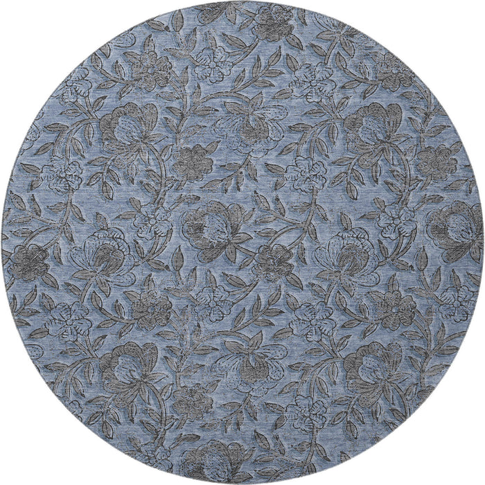 8' Floral Washable Round Rug With UV Protection - Blue And Gray